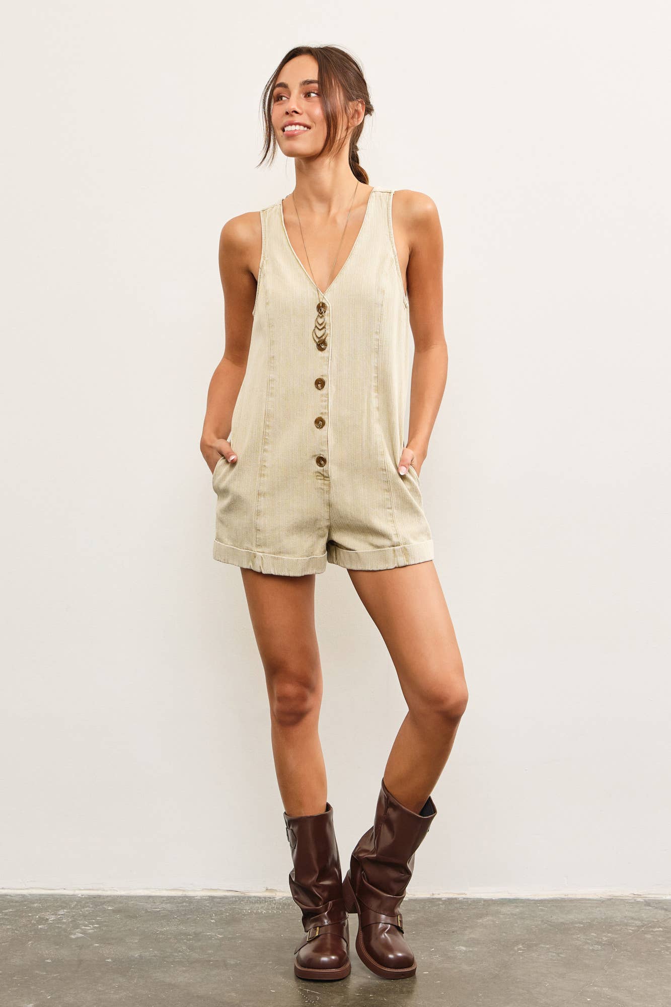 BUTTON CLOSURE V NECK SLEEVELESS ROMPER