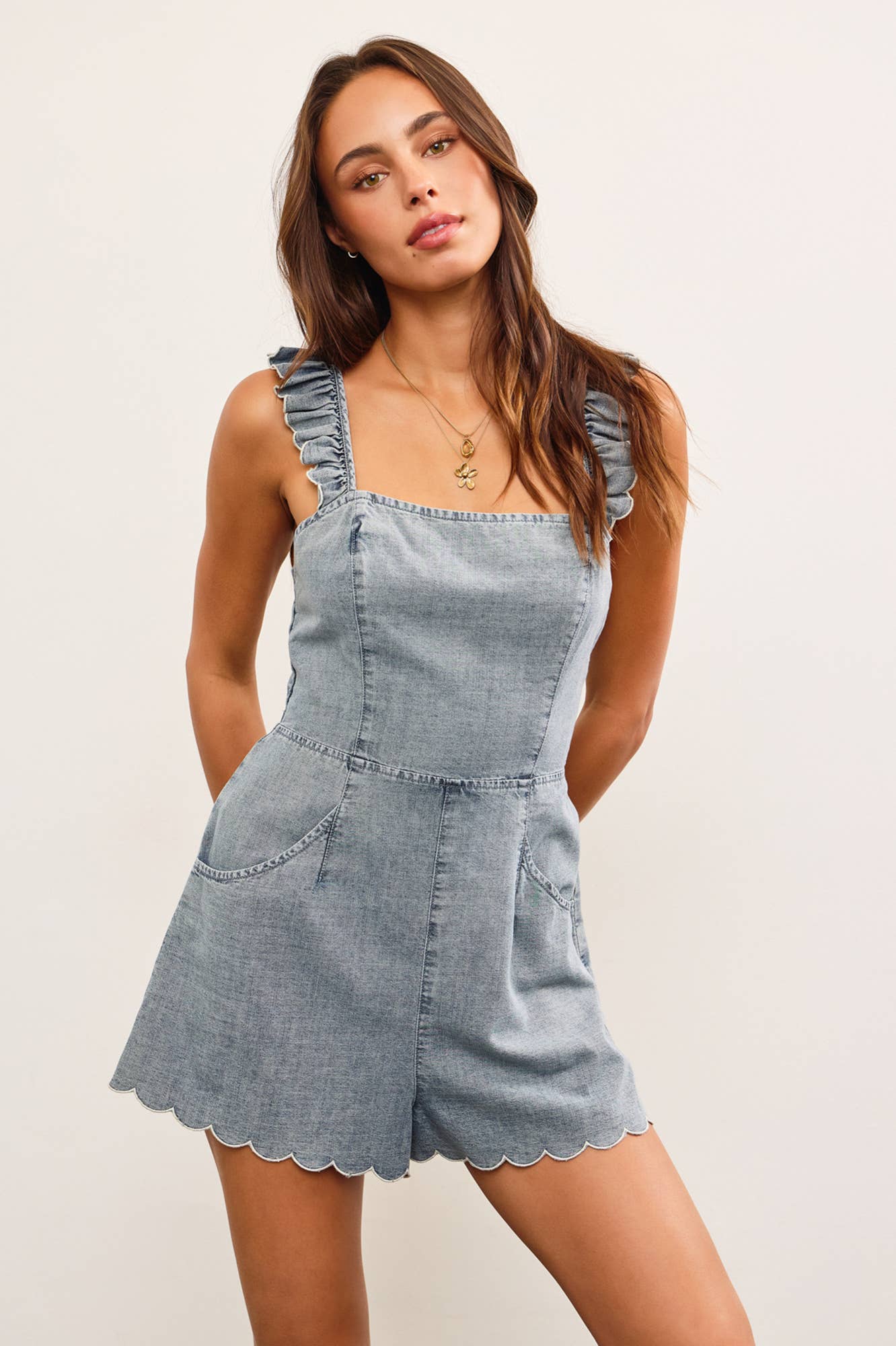 SCALLOP EDGE RUFFLE STRAP DENIM ROMPER
