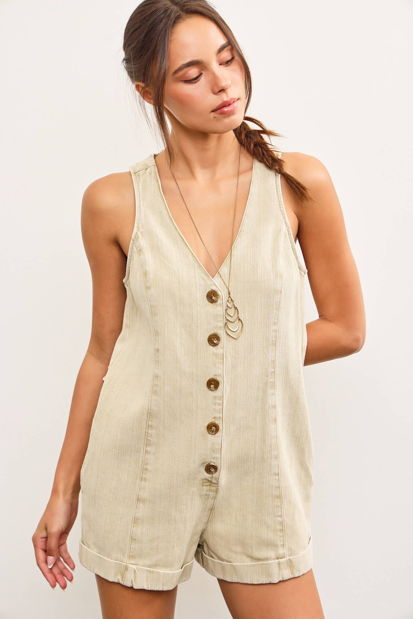 BUTTON CLOSURE V NECK SLEEVELESS ROMPER