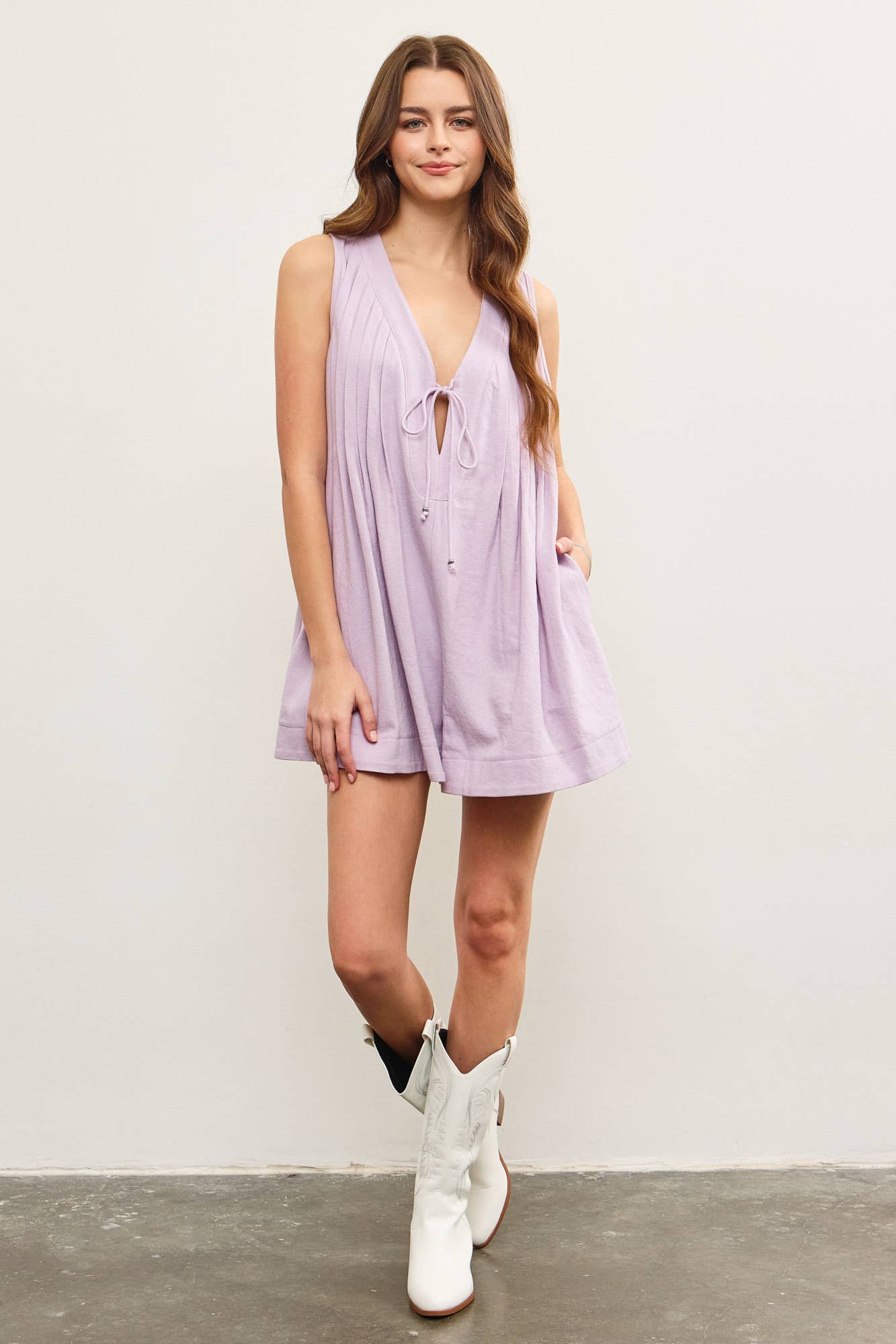 DEEP V NECK TIED FRONT PLEATED SLEEVELESS ROMPER