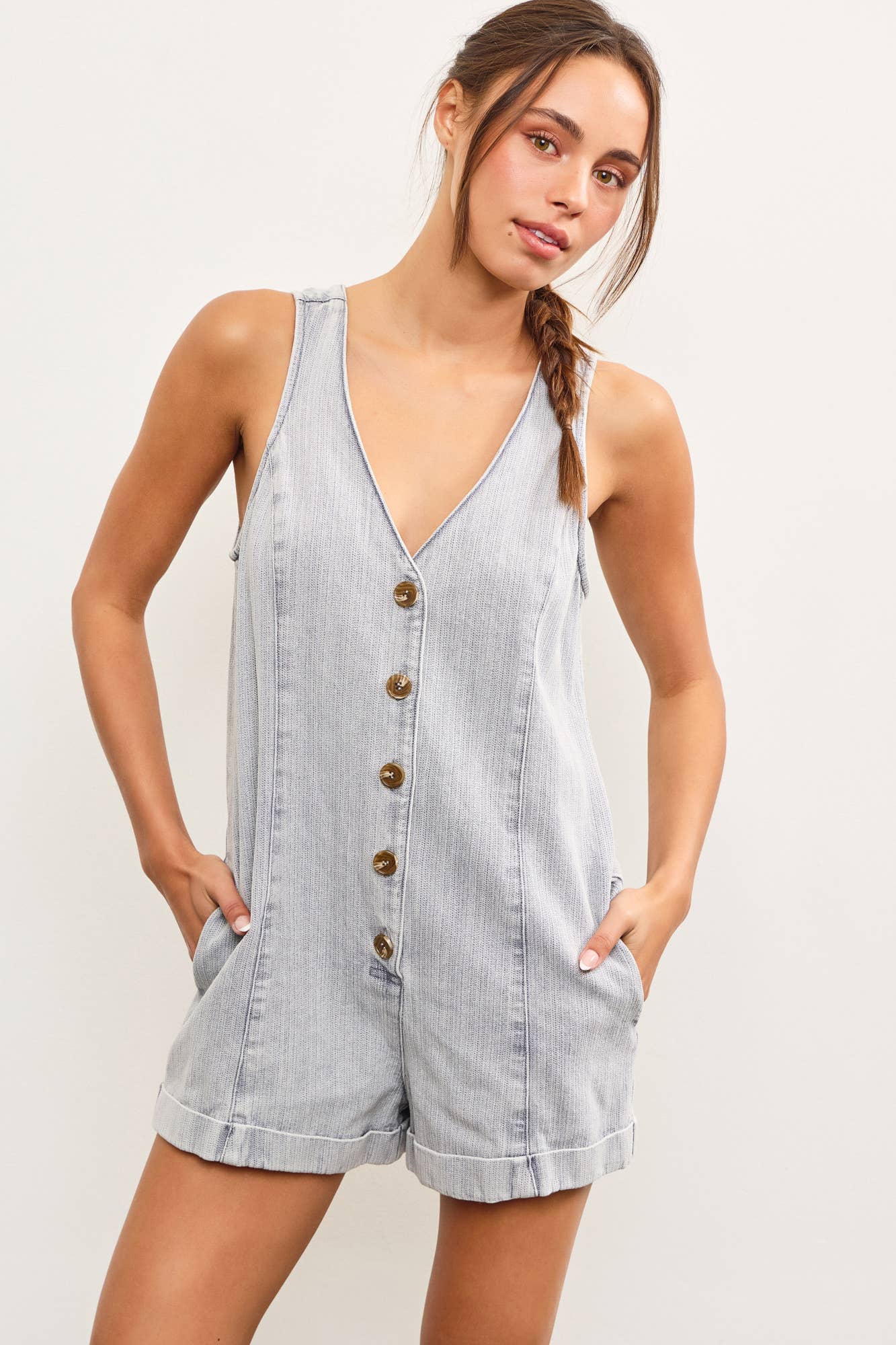 BUTTON CLOSURE V NECK SLEEVELESS ROMPER