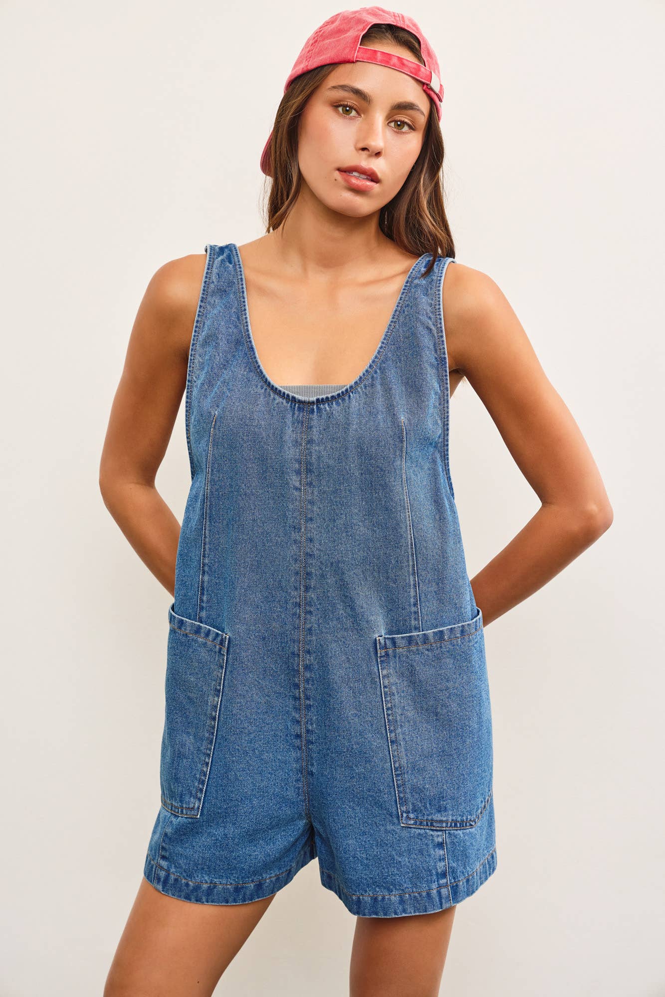 PATCH POCKET SLEEVELESS DENIM ROMPER