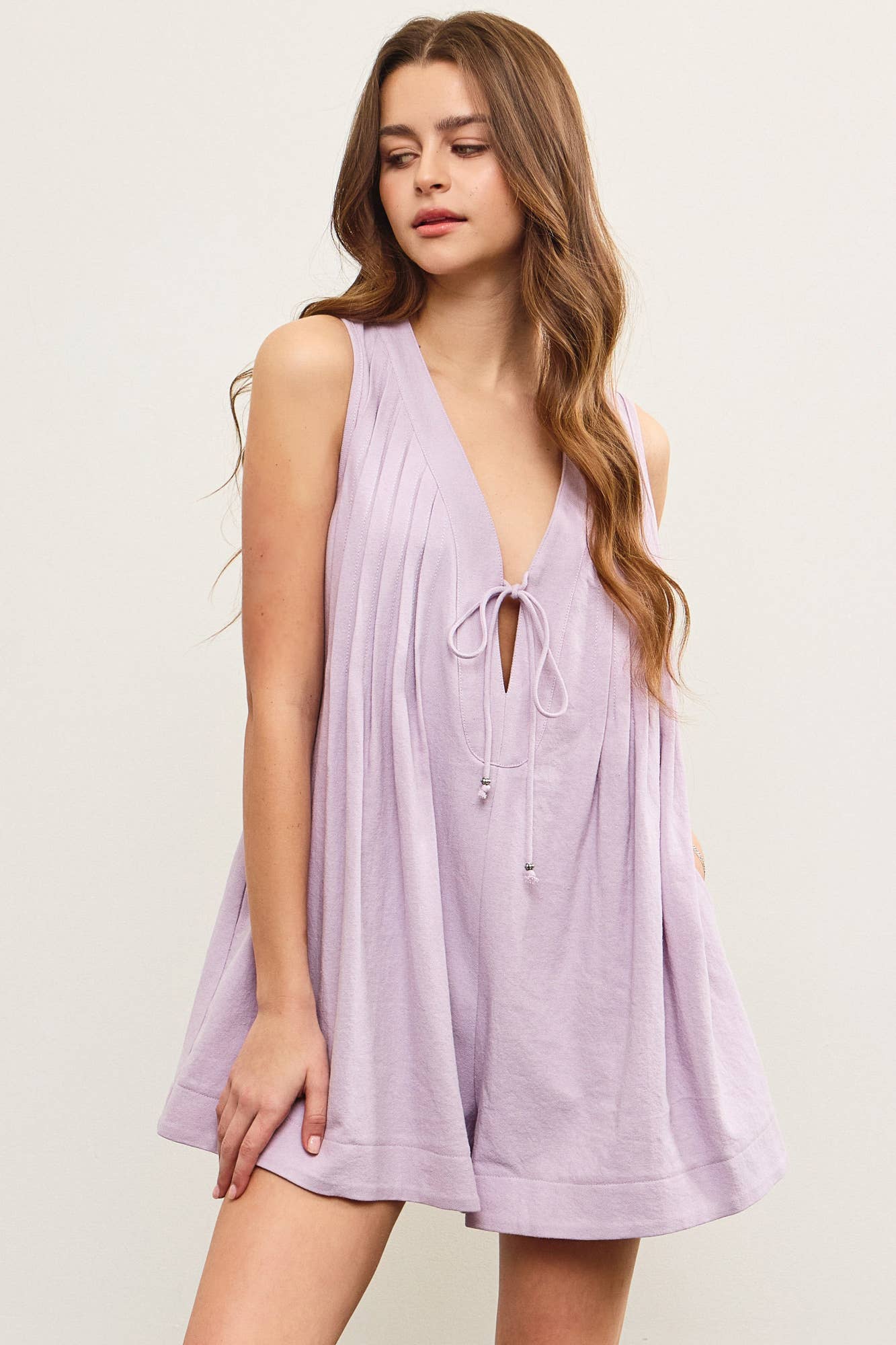 DEEP V NECK TIED FRONT PLEATED SLEEVELESS ROMPER