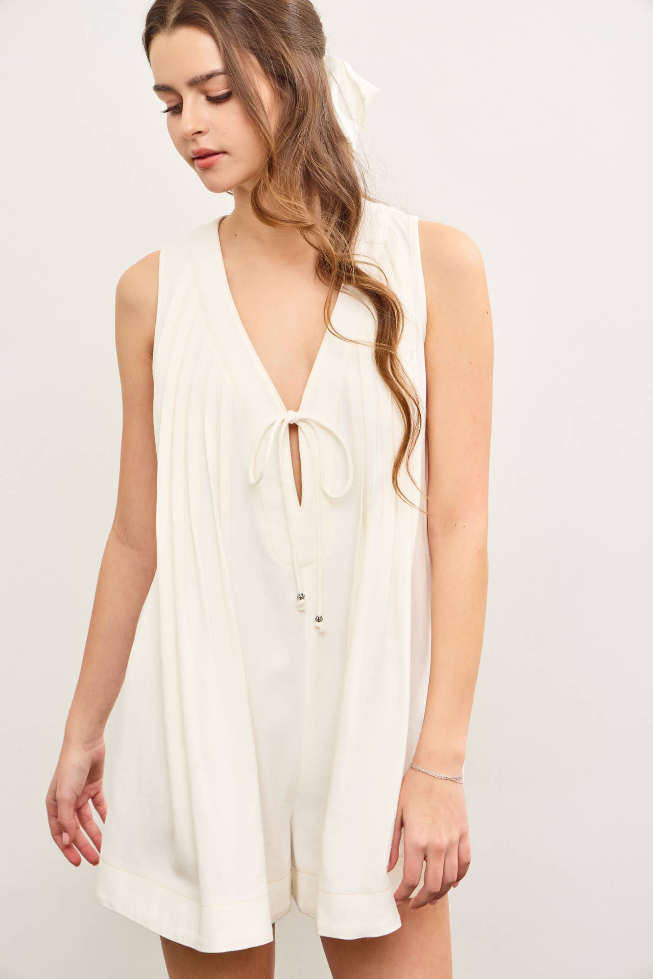 DEEP V NECK TIED FRONT PLEATED SLEEVELESS ROMPER