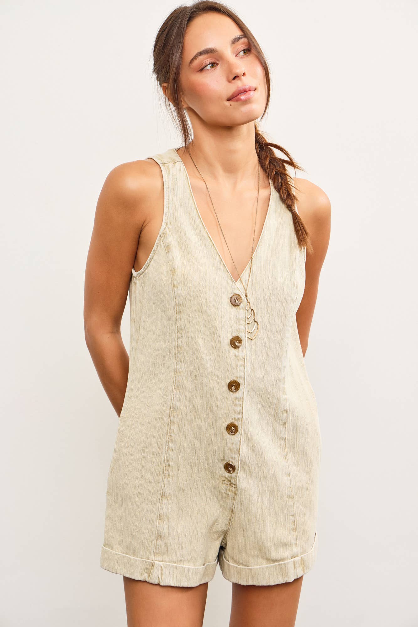 BUTTON CLOSURE V NECK SLEEVELESS ROMPER