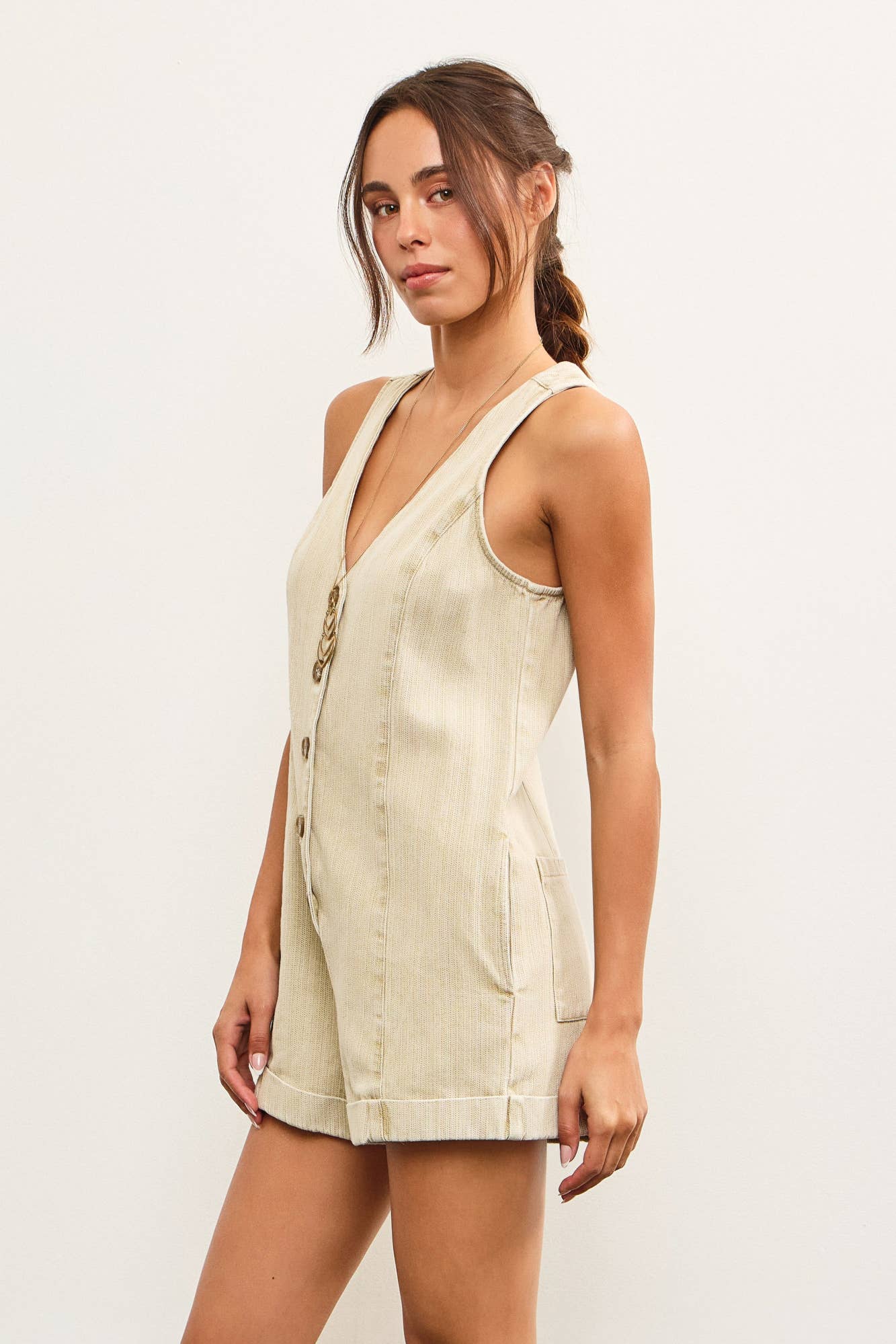 BUTTON CLOSURE V NECK SLEEVELESS ROMPER