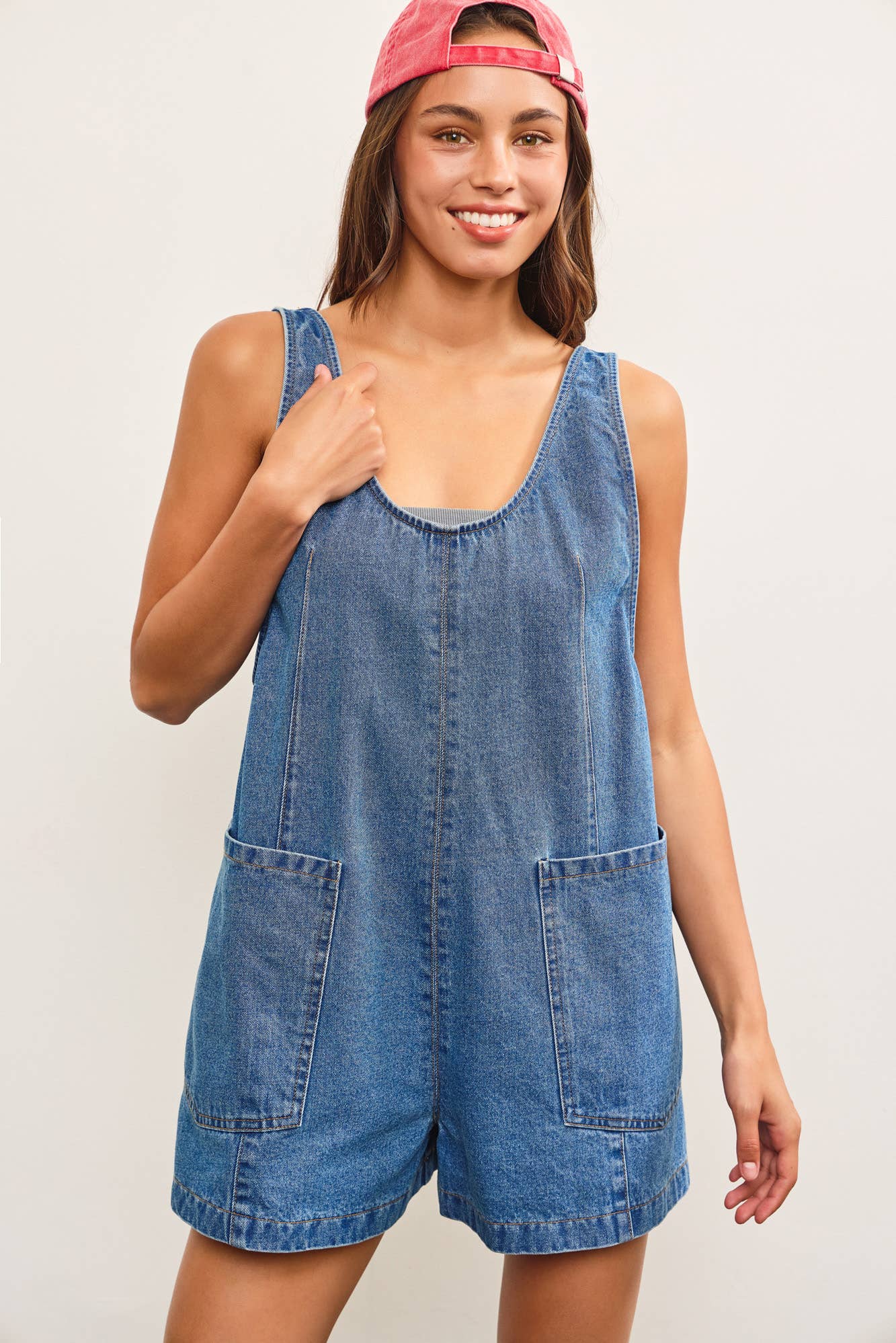 PATCH POCKET SLEEVELESS DENIM ROMPER