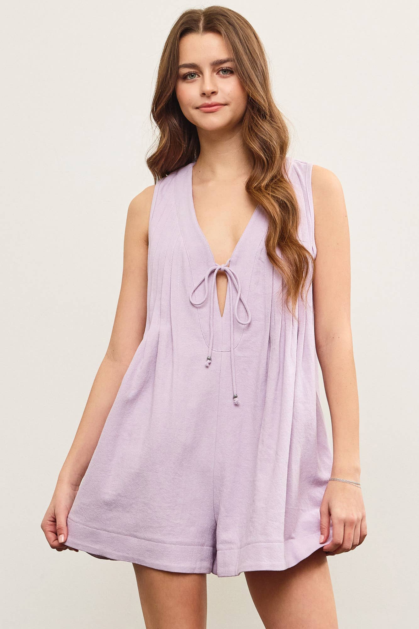 DEEP V NECK TIED FRONT PLEATED SLEEVELESS ROMPER