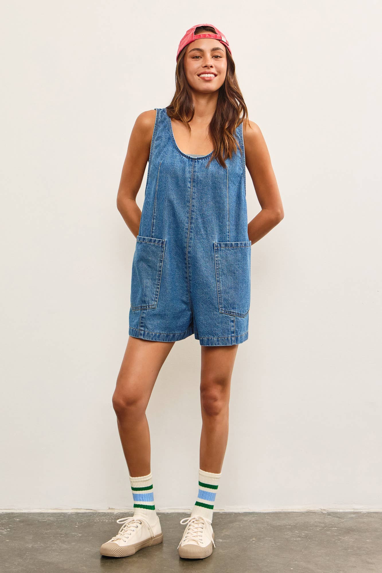 PATCH POCKET SLEEVELESS DENIM ROMPER