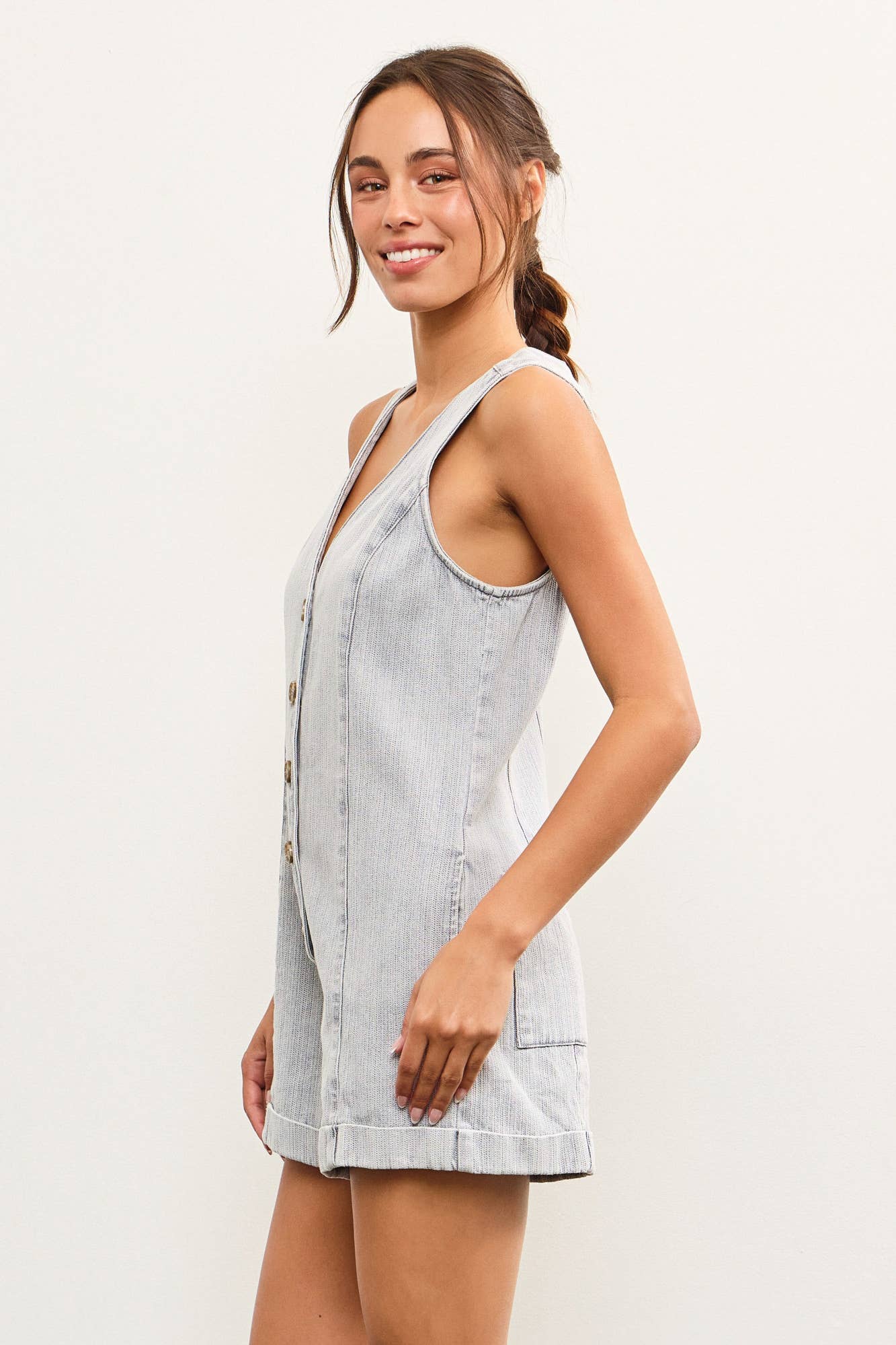 BUTTON CLOSURE V NECK SLEEVELESS ROMPER