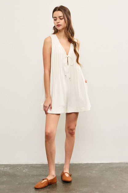 DEEP V NECK TIED FRONT PLEATED SLEEVELESS ROMPER