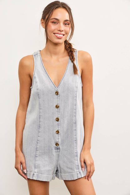 BUTTON CLOSURE V NECK SLEEVELESS ROMPER