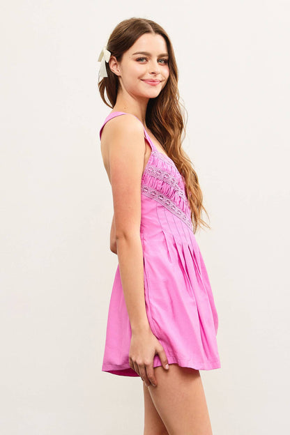 EMBROIDERED PLEATS SLEEVELESS ROMPER