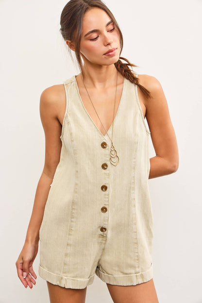 BUTTON CLOSURE V NECK SLEEVELESS ROMPER