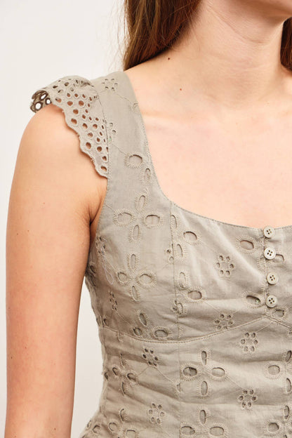 TIED BACK EYELET LACE CAP SLEEVE TOP
