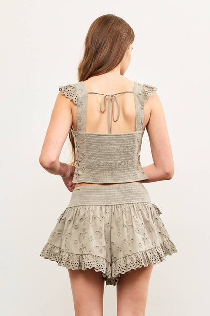 TIED BACK EYELET LACE CAP SLEEVE TOP