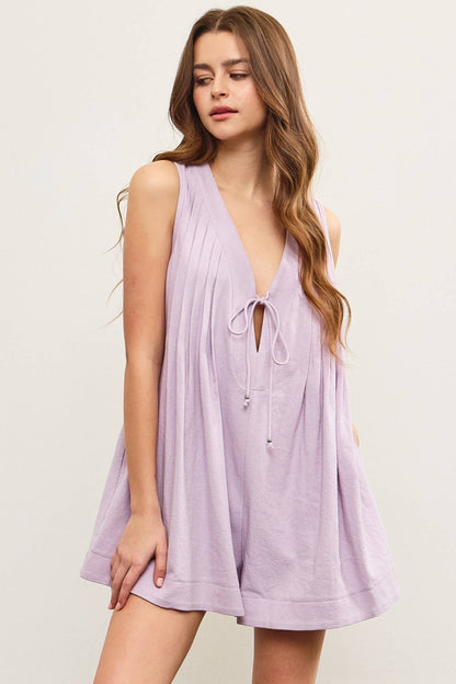 DEEP V NECK TIED FRONT PLEATED SLEEVELESS ROMPER