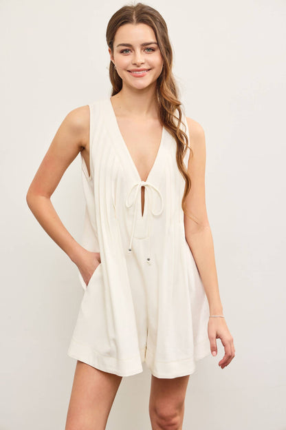 DEEP V NECK TIED FRONT PLEATED SLEEVELESS ROMPER
