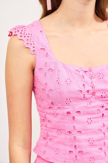TIED BACK EYELET LACE CAP SLEEVE TOP