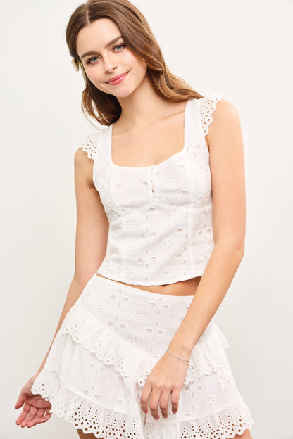 TIED BACK EYELET LACE CAP SLEEVE TOP